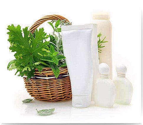 bottles of shampoo and basket of raspberry leaves