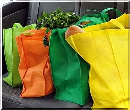 Multicolored cloth bags full of groceries