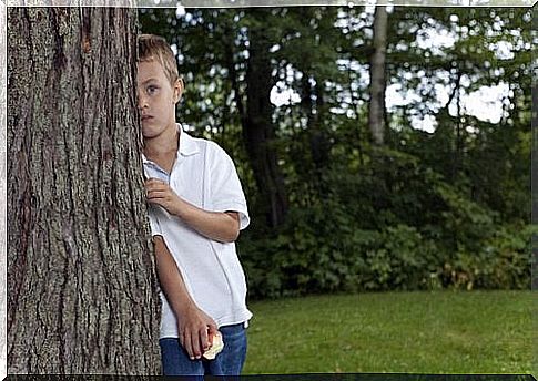 child is hiding behind a tree