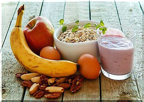 fruit and nuts and a smoothie